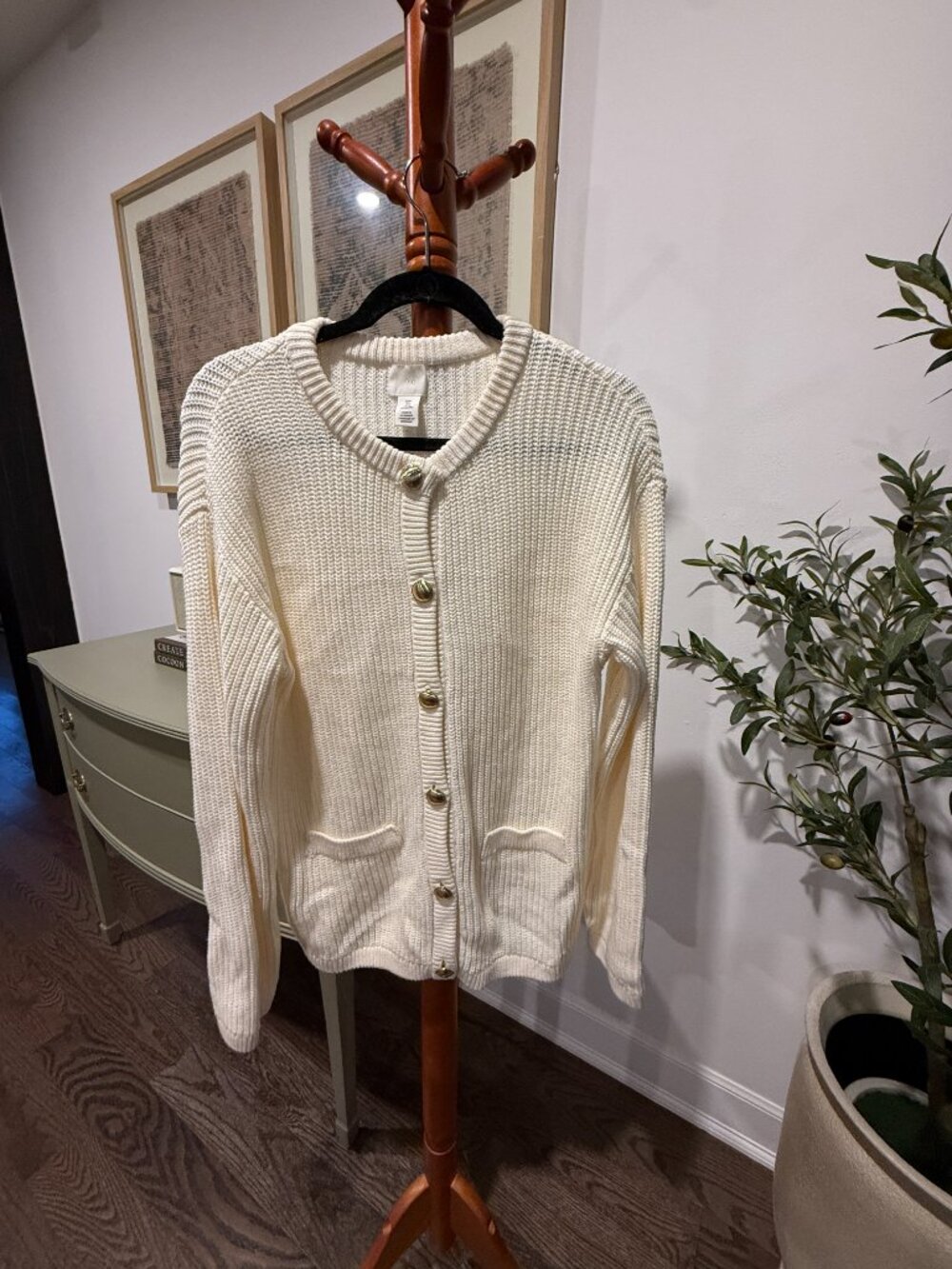 H&M Cream Chunky Knit Gold Button Cardigan Size S